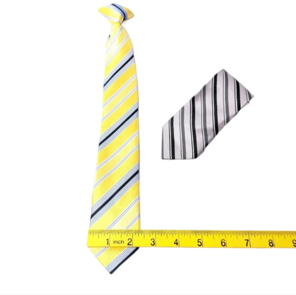 LOT OF 2 Boys Clip Tie Yellow Blues White and Silver Black‎ Grey Stripes